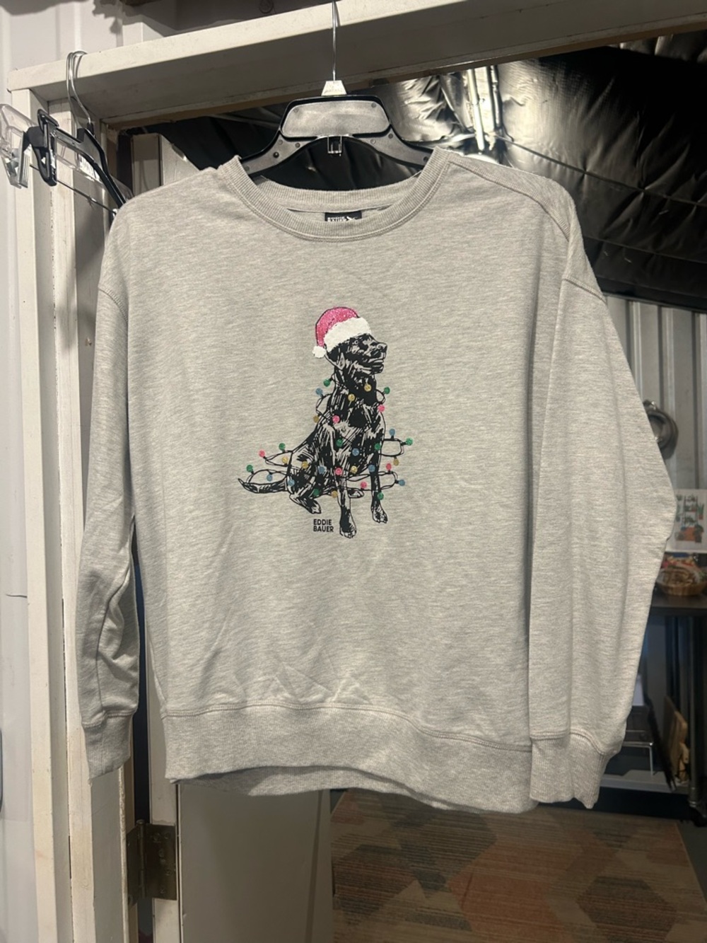 Eddie Bauer Light Gray Holiday Dog Sweatshirt with Santa Hat